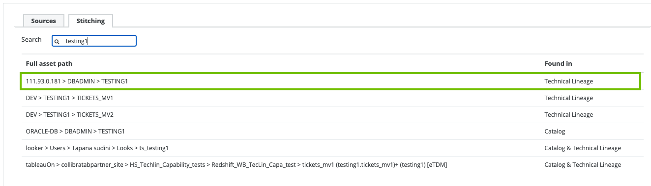 Image showing the Stitching tab. The Found In column indicates that the database table was found only in the technical lineage.