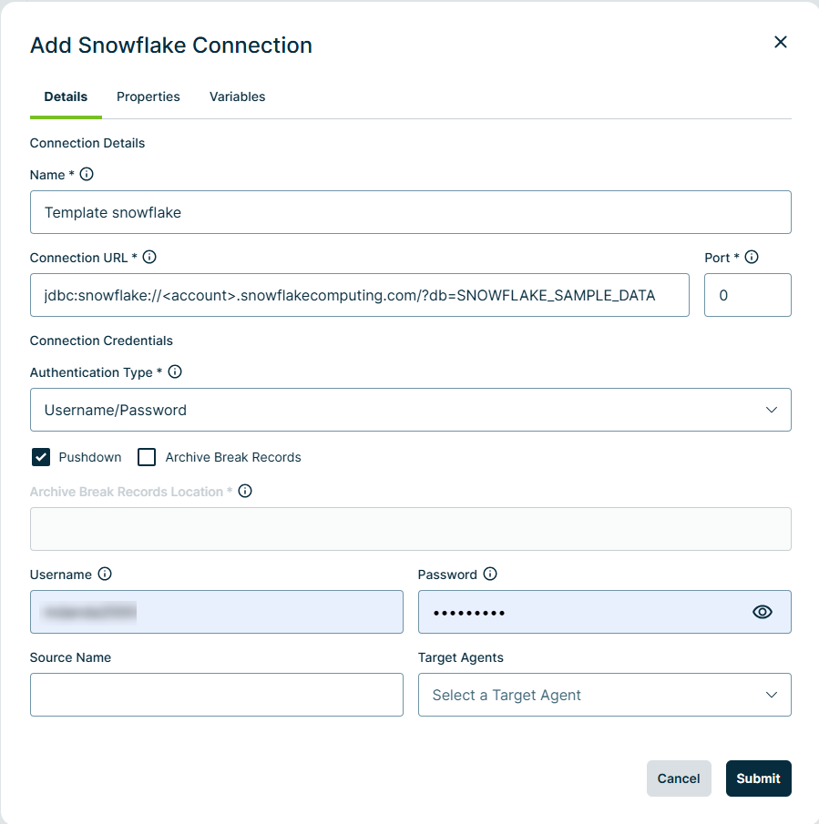 screenshot of a sample snowflake pushdown connection with "pushdown" and "driver properties" highlighted