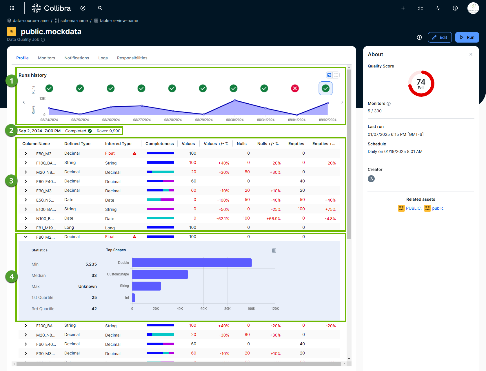 screenshot of data quality job profile tab