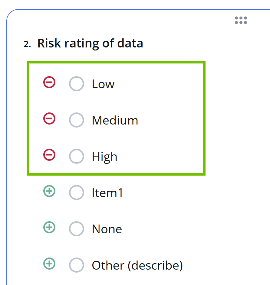 Image of the Risk rating of data field showing new options