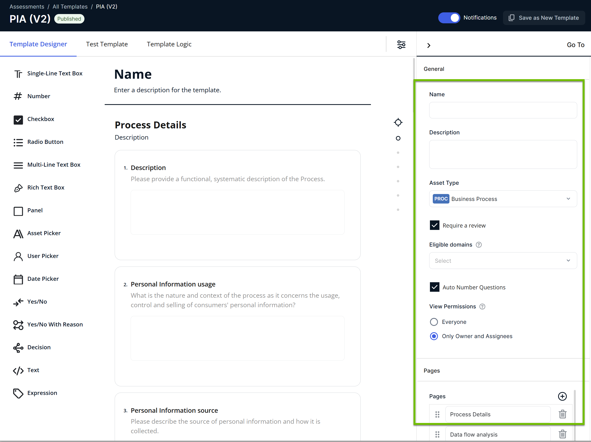 Image of template settings