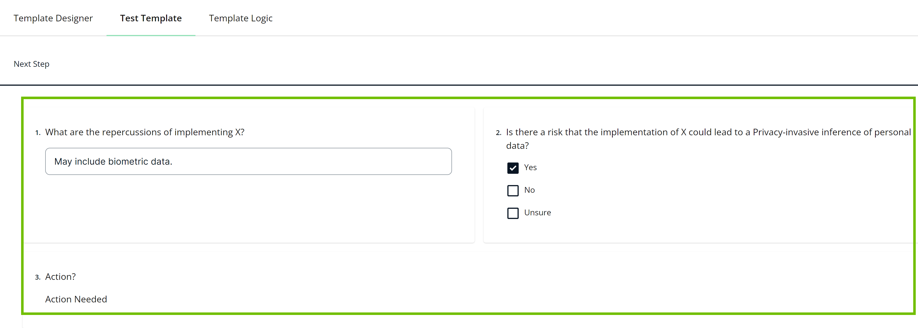 Image of the Test Template tab