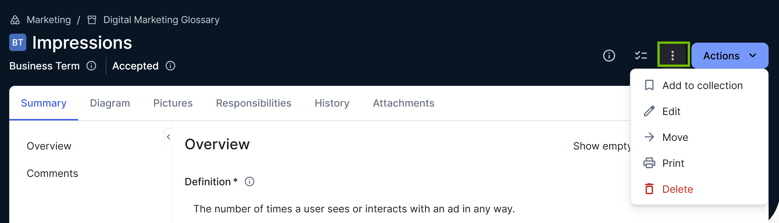 Image of an asset page showing the Move option