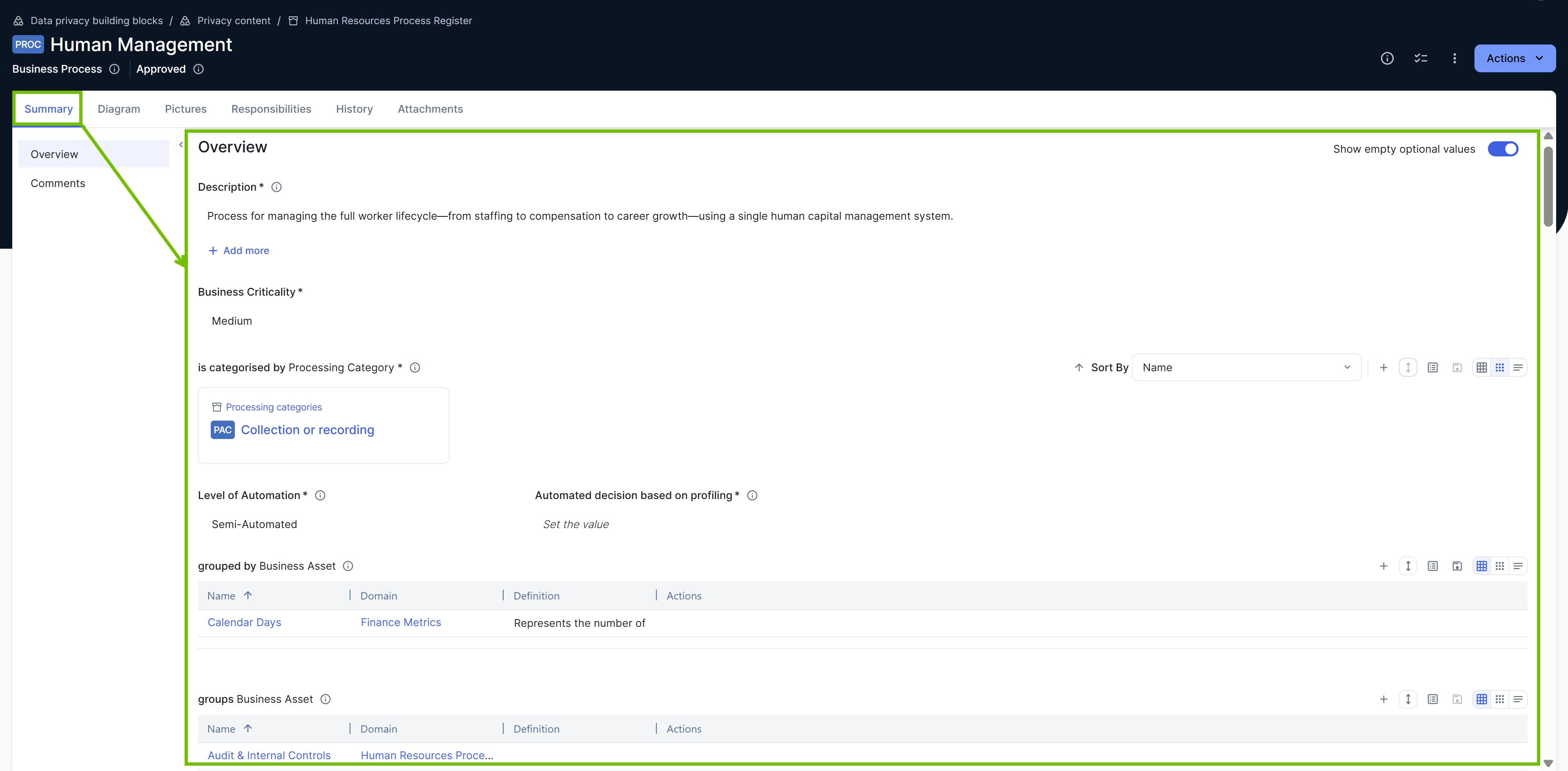 Image of an asset page showing the Summary tab