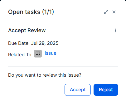 Collibra workflow task in the task bar to accept or reject an issue