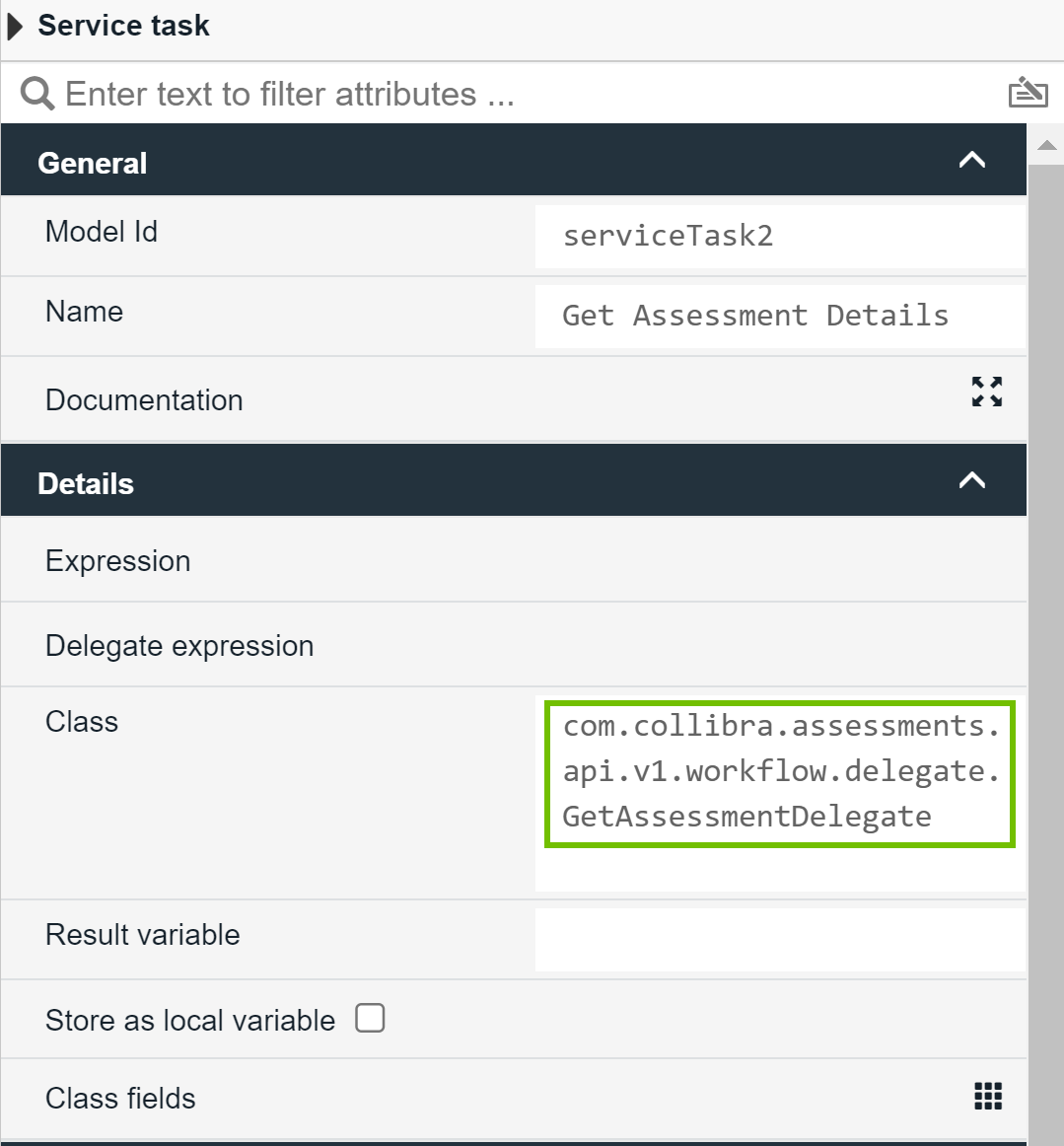 Value in the Class field for the Get Assessment Details service task