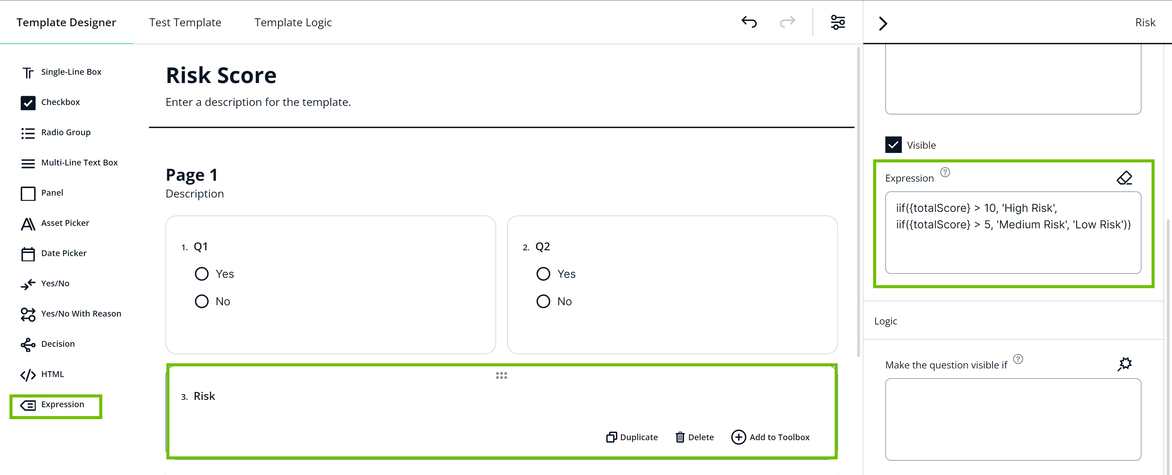 Image of the Template Designer tab with the Expression section