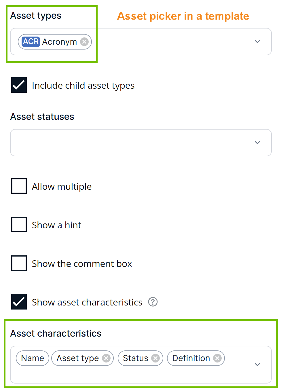Image of a template page with some asset picker settings