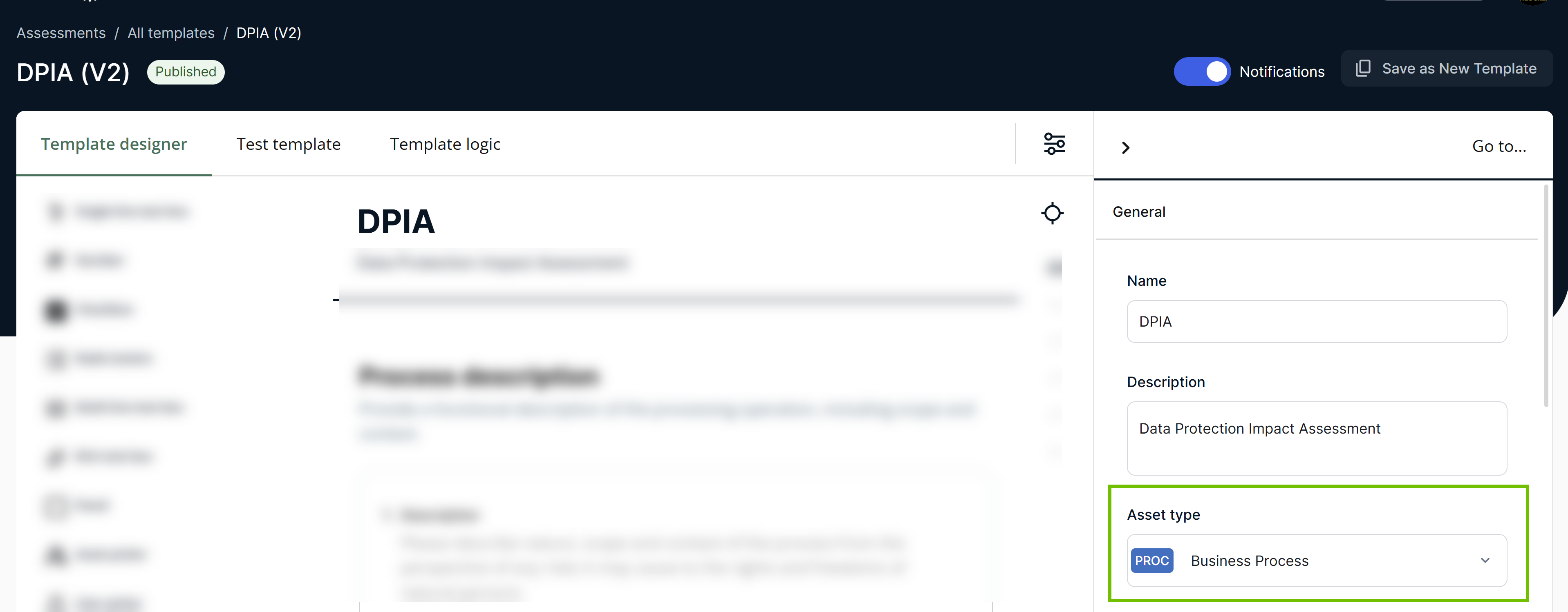 Image of a template with the Asset type setting