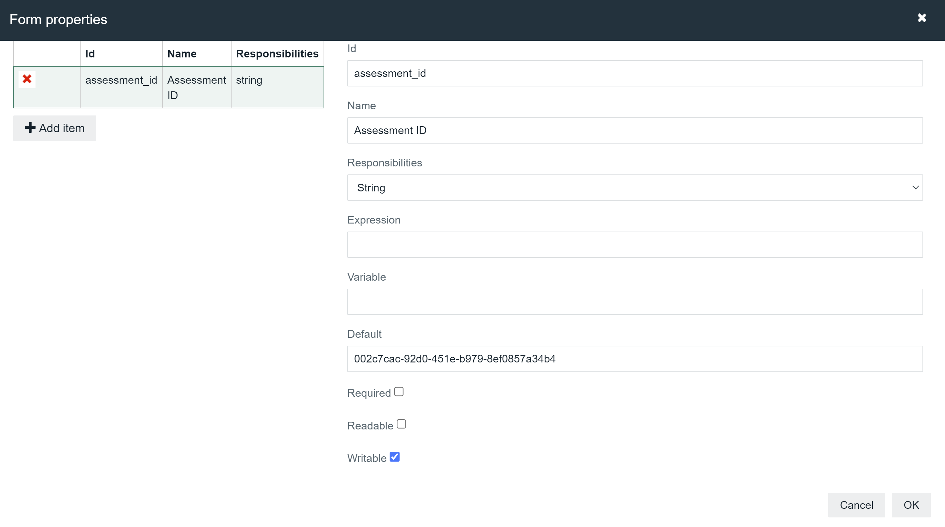 Form properties dialog box showing the assessment ID input parameter