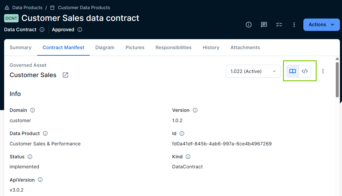 Example of icons in Data Contract asset