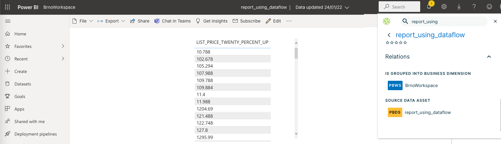Browser extension showing PowerBI report information