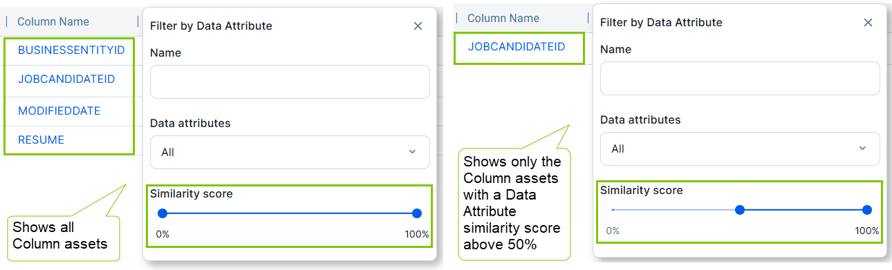 Image that shows how the Columns assets are filtered based on the similarity score slider value