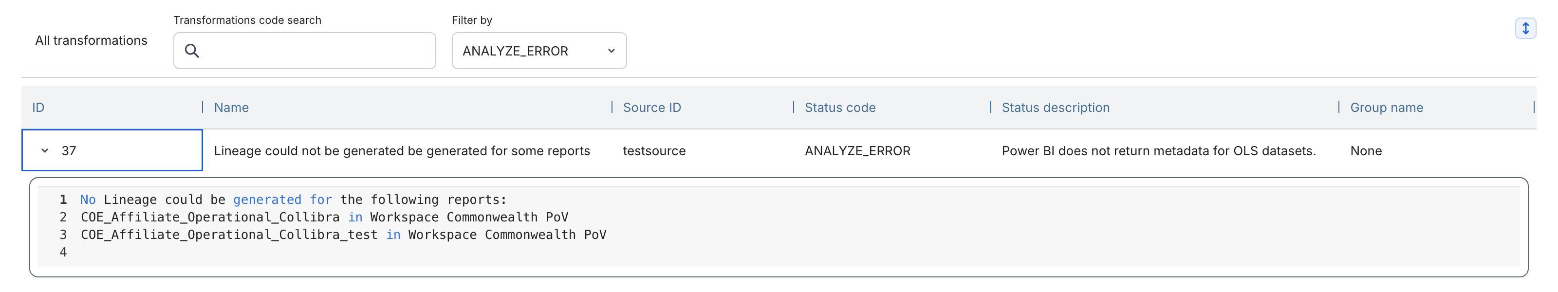 Image showing an analysis error that is produced and shown in the Technical lineage Sources tab for the unsupported semantic model.