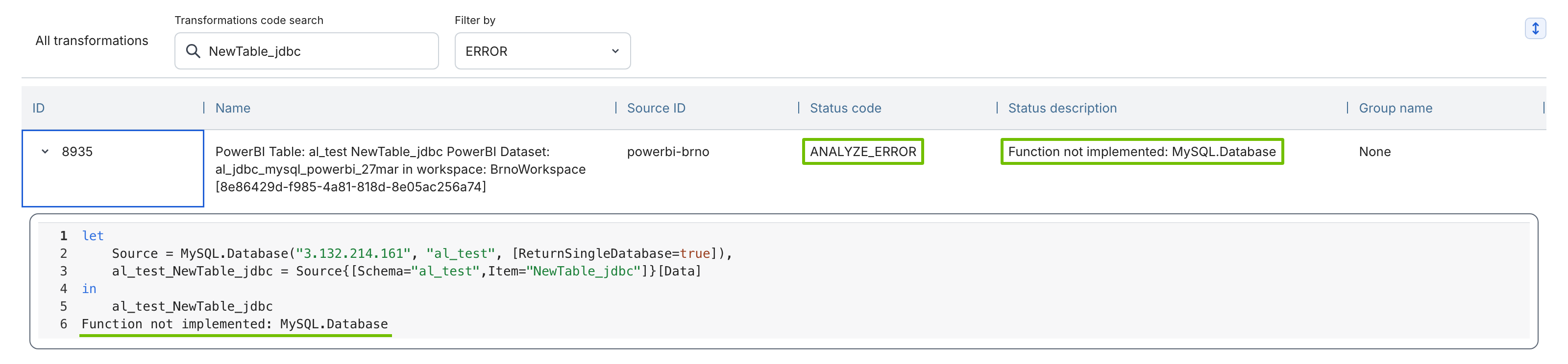 Image showing transformations and source code fragments in the transformations table