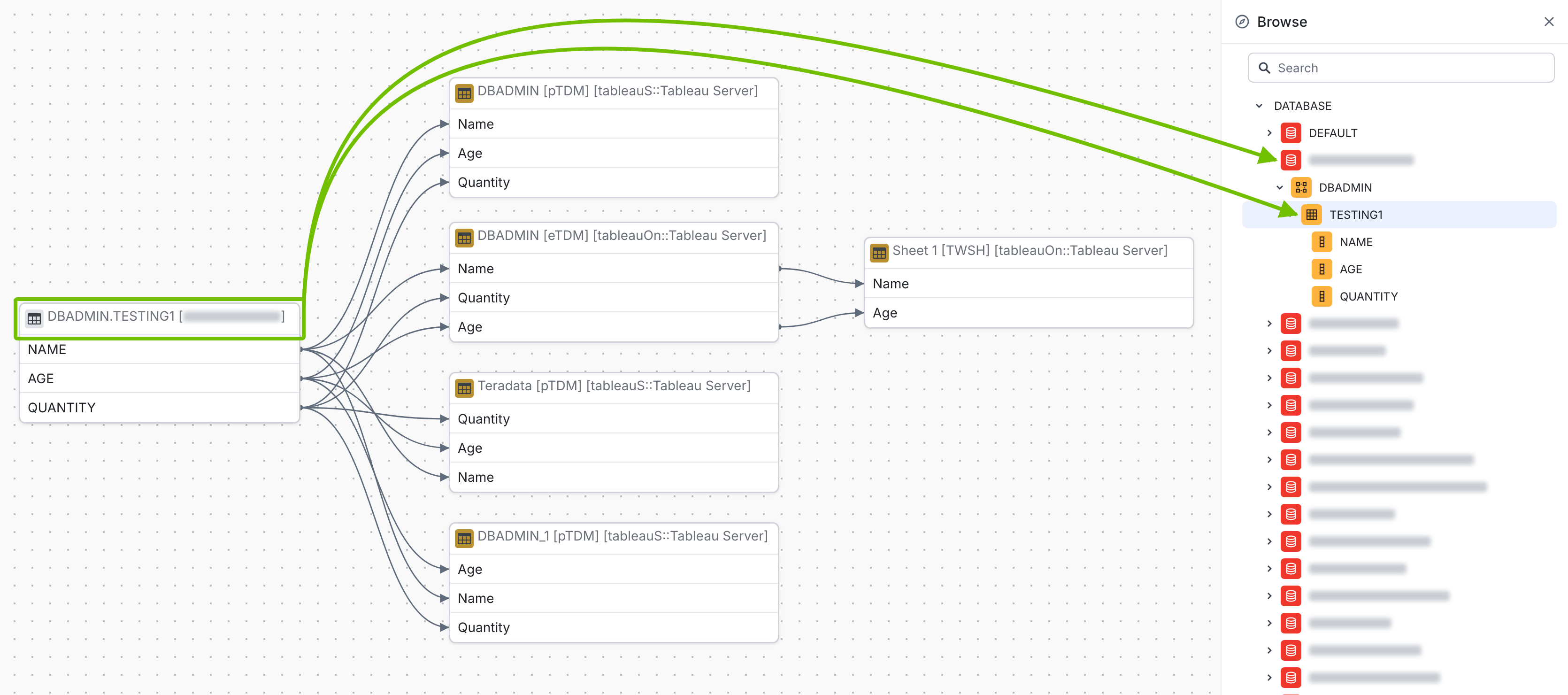 Image showing the identified database name, schema name, and table name.
