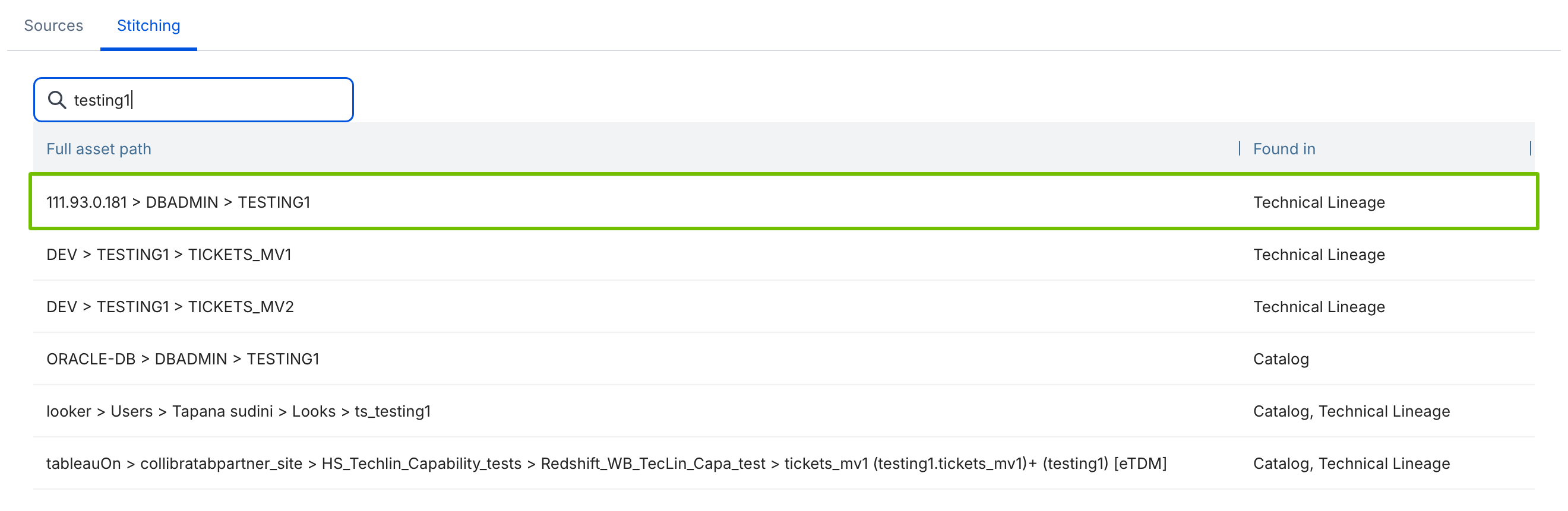 Image showing the Stitching tab. The Found In column indicates that the database table was found only in the technical lineage.