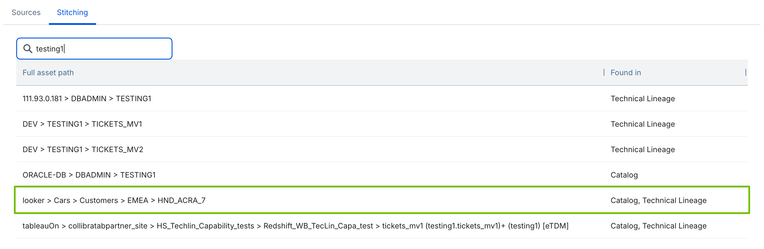 Image of the Stitching tab. The Found In column indicates that the database table was found in both Data Catalog and the technical lineage.