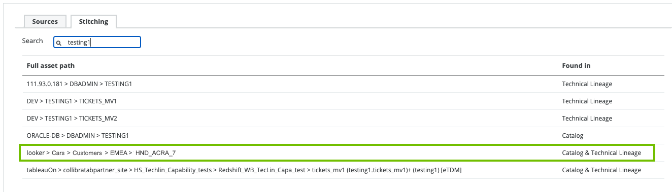 Image of the Stitching tab. The Found In column indicates that the database table was found in both Data Catalog and the technical lineage.