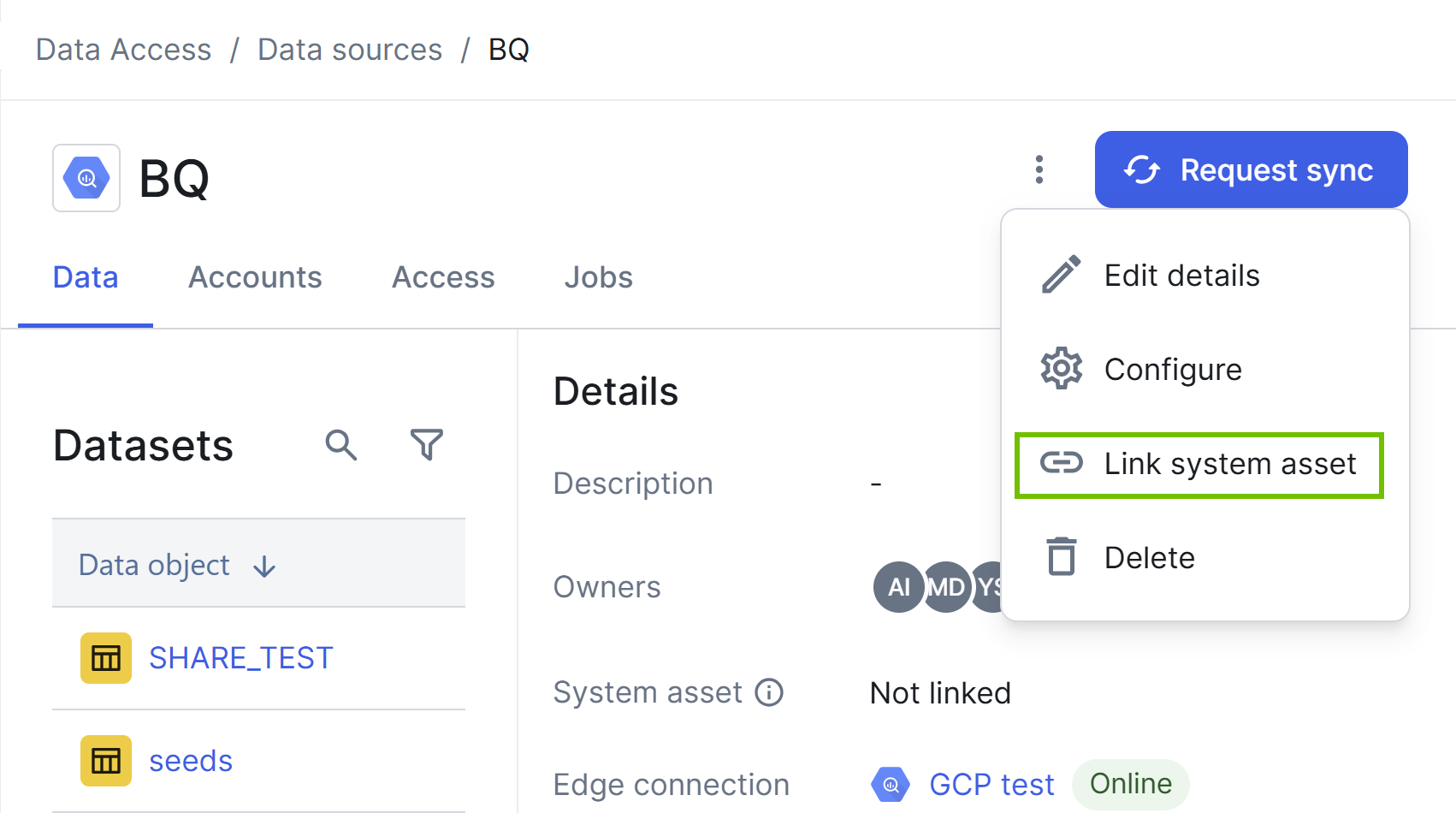 Image of a data source page with the "Link system asset" option