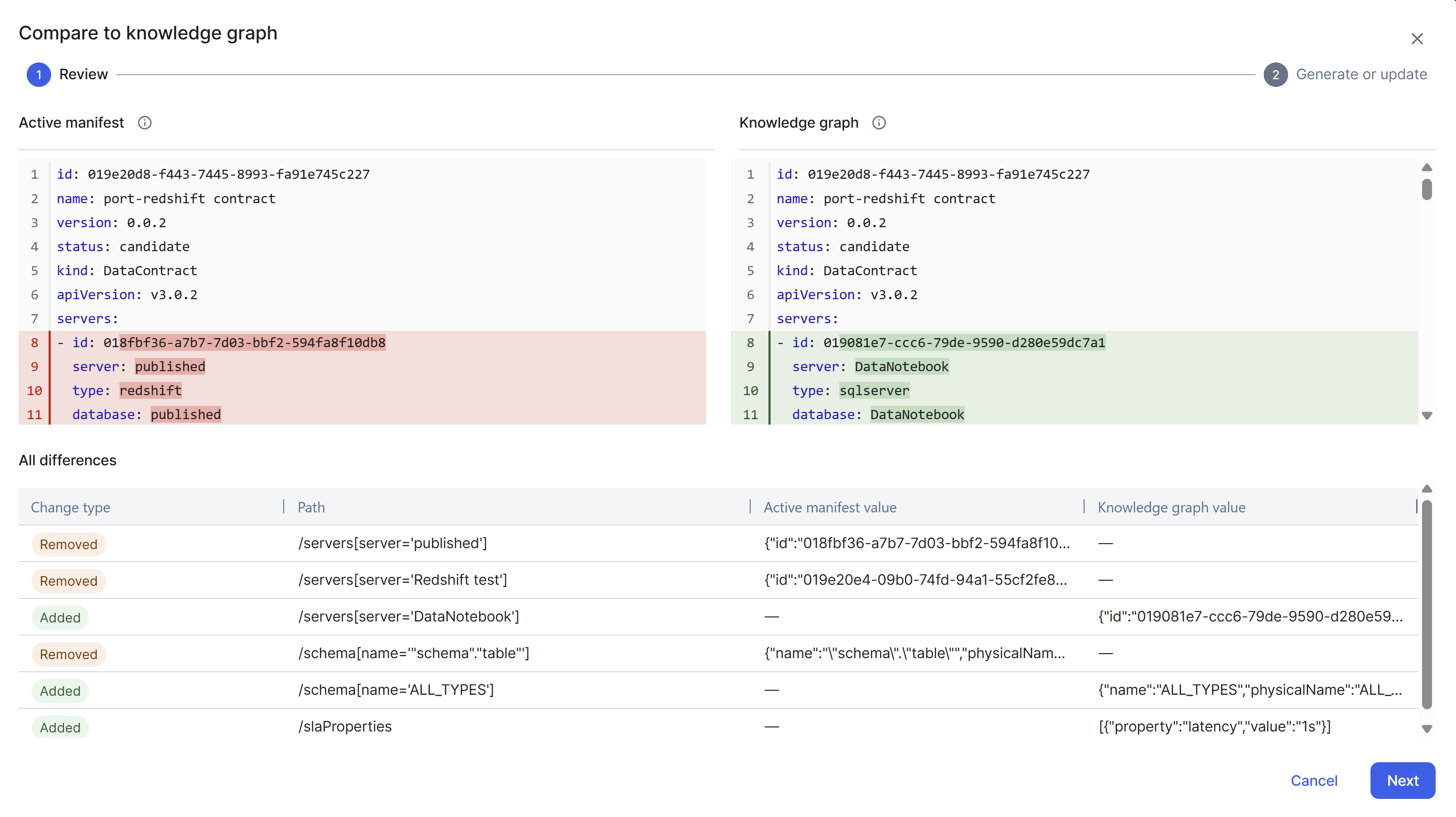 Compare to knowledge graph dialog box Image of the Compare to knowledge graph dialog box