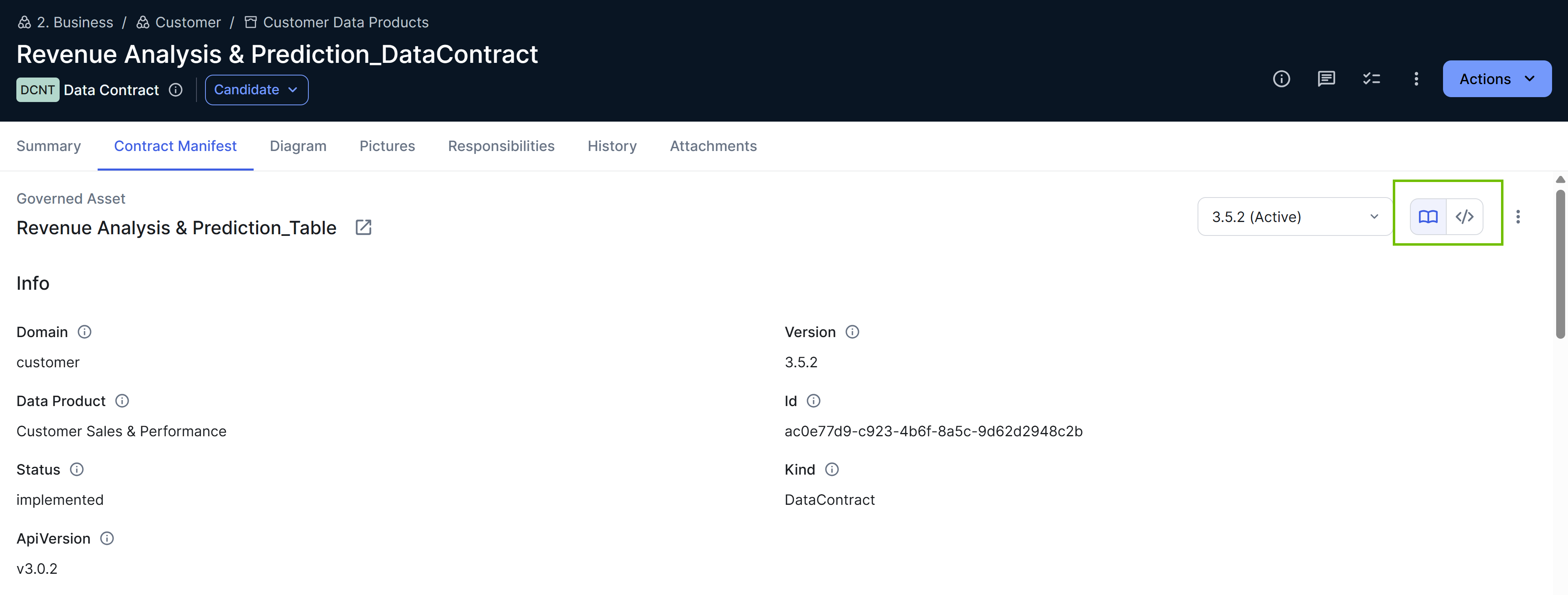 Image of Data Contract asset page with the Contract Manifest tab