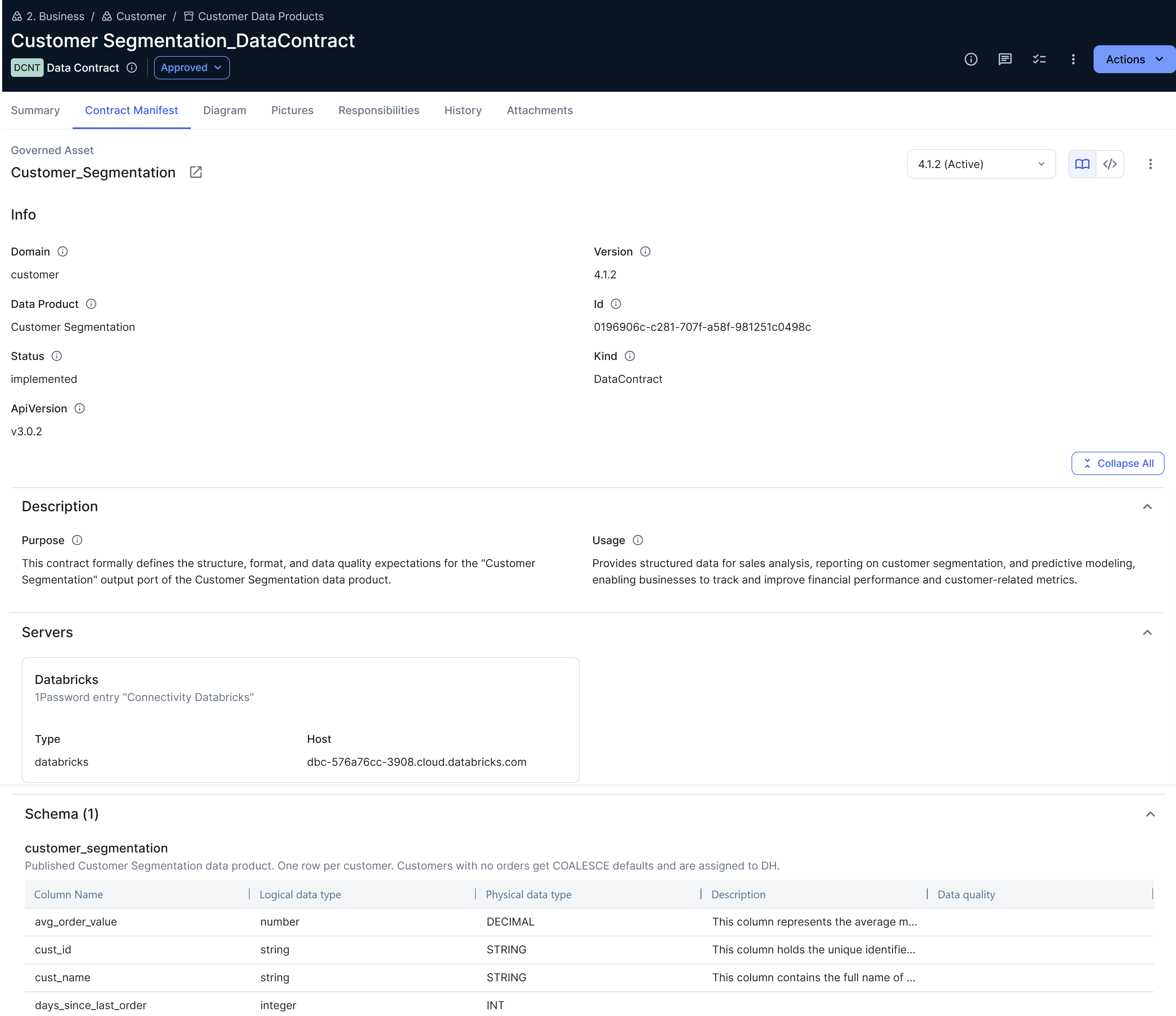 Image of Data Contract asset page with the Contract Manifest tab