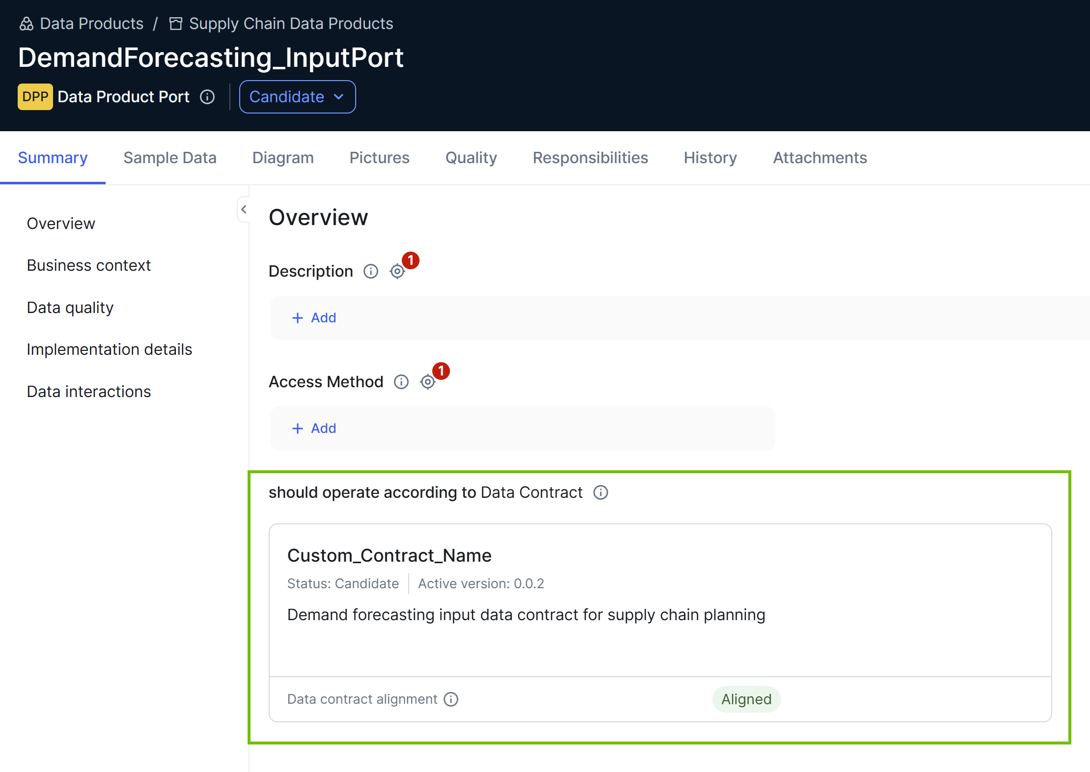 Image of the Data Product Port asset page with the Data Contract Viewer widget