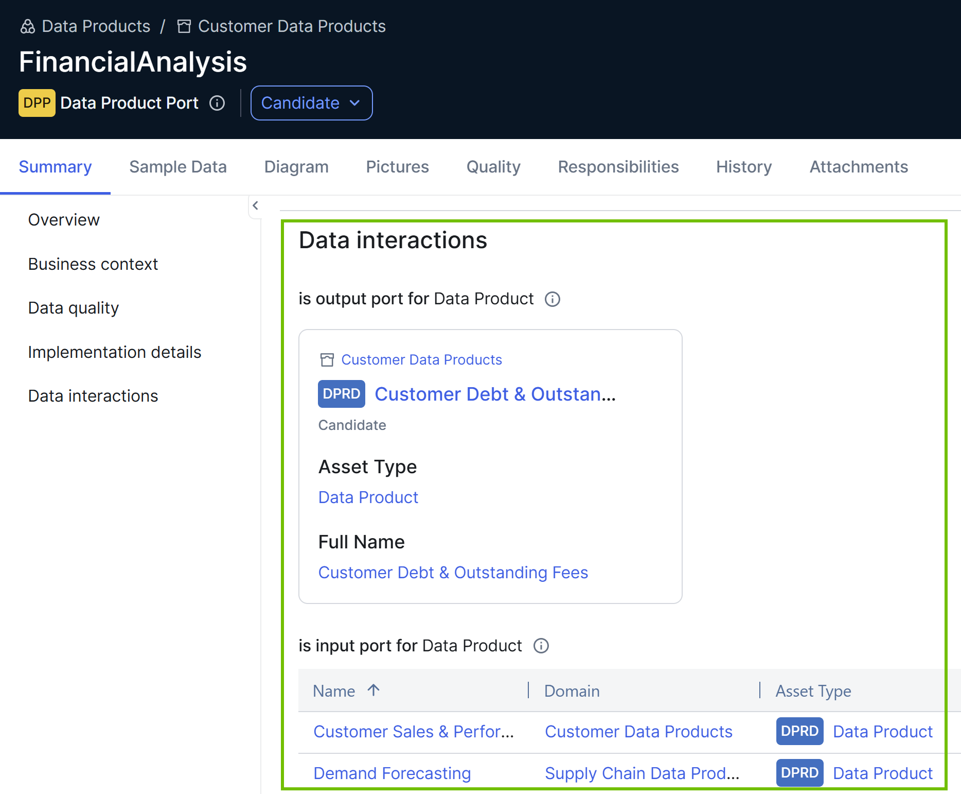 Image of the Data Product Port asset page with output and input ports