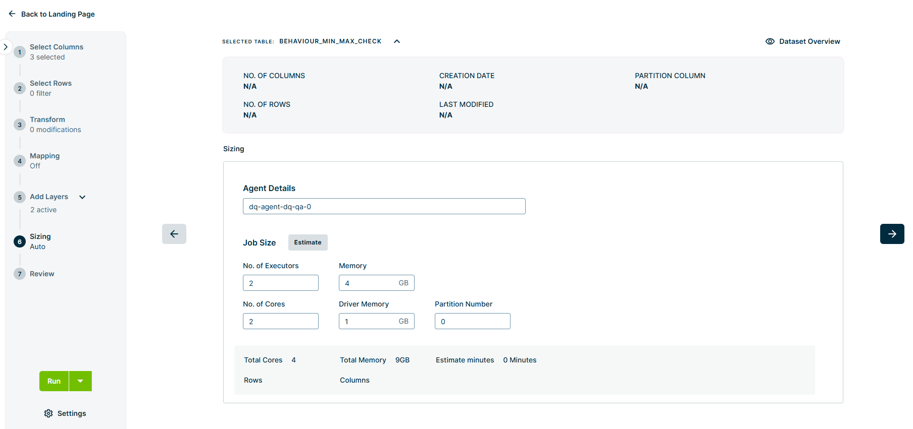 screenshot of a job whose sizing requirements have been estimated automatically