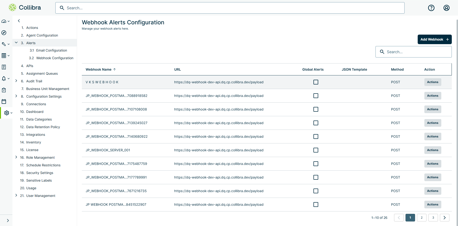 image of webhooks configuration page in admin console
