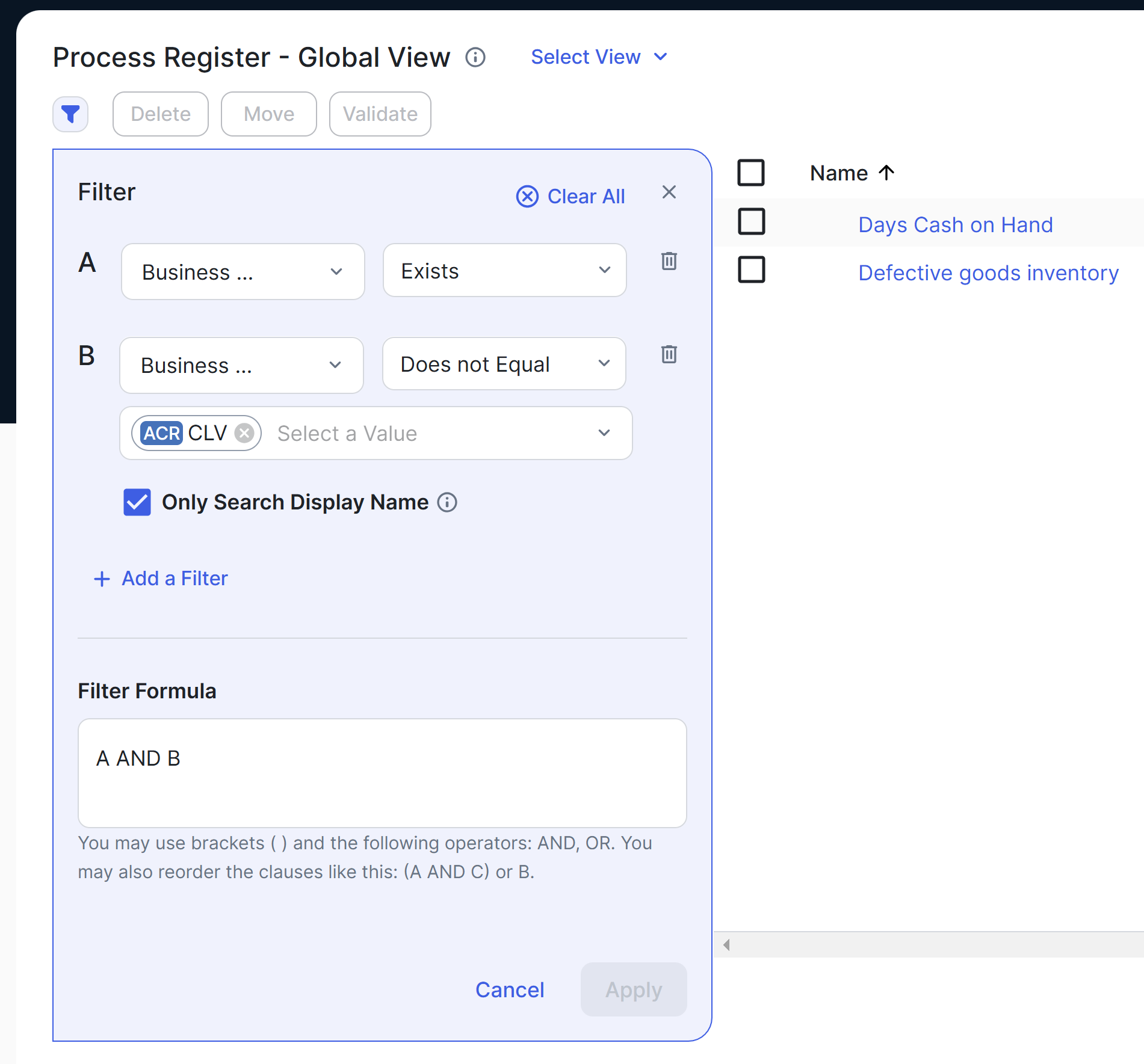 Image of the advanced filter with the exists condition