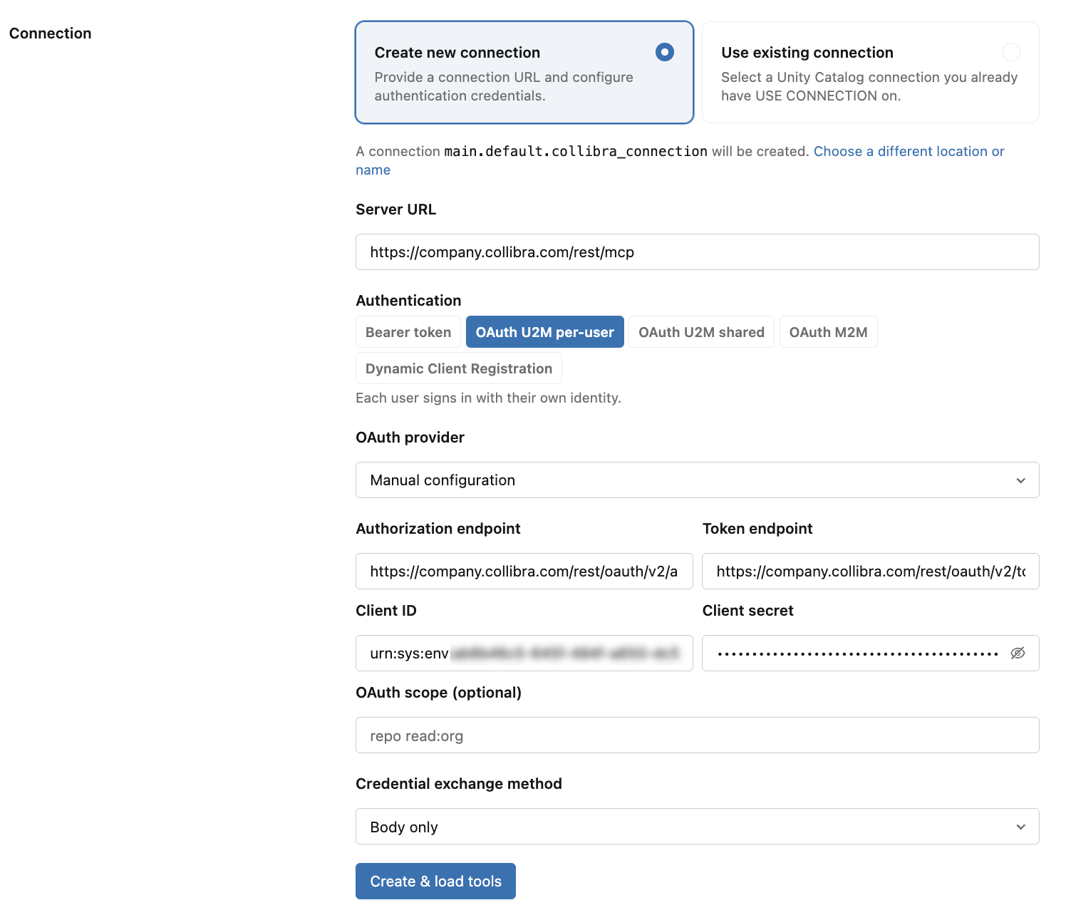 screenshot of Databricks MCP Connection section