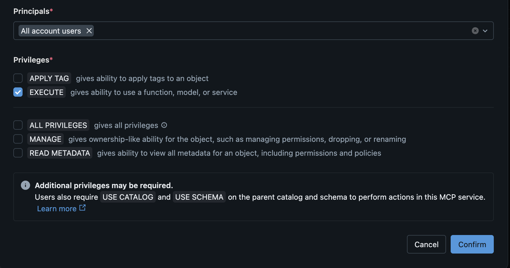 screenshot of privileges form