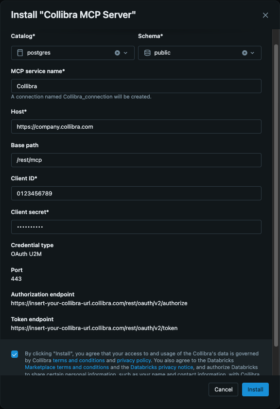 screenshot of collibra mcp installation form in Databricks