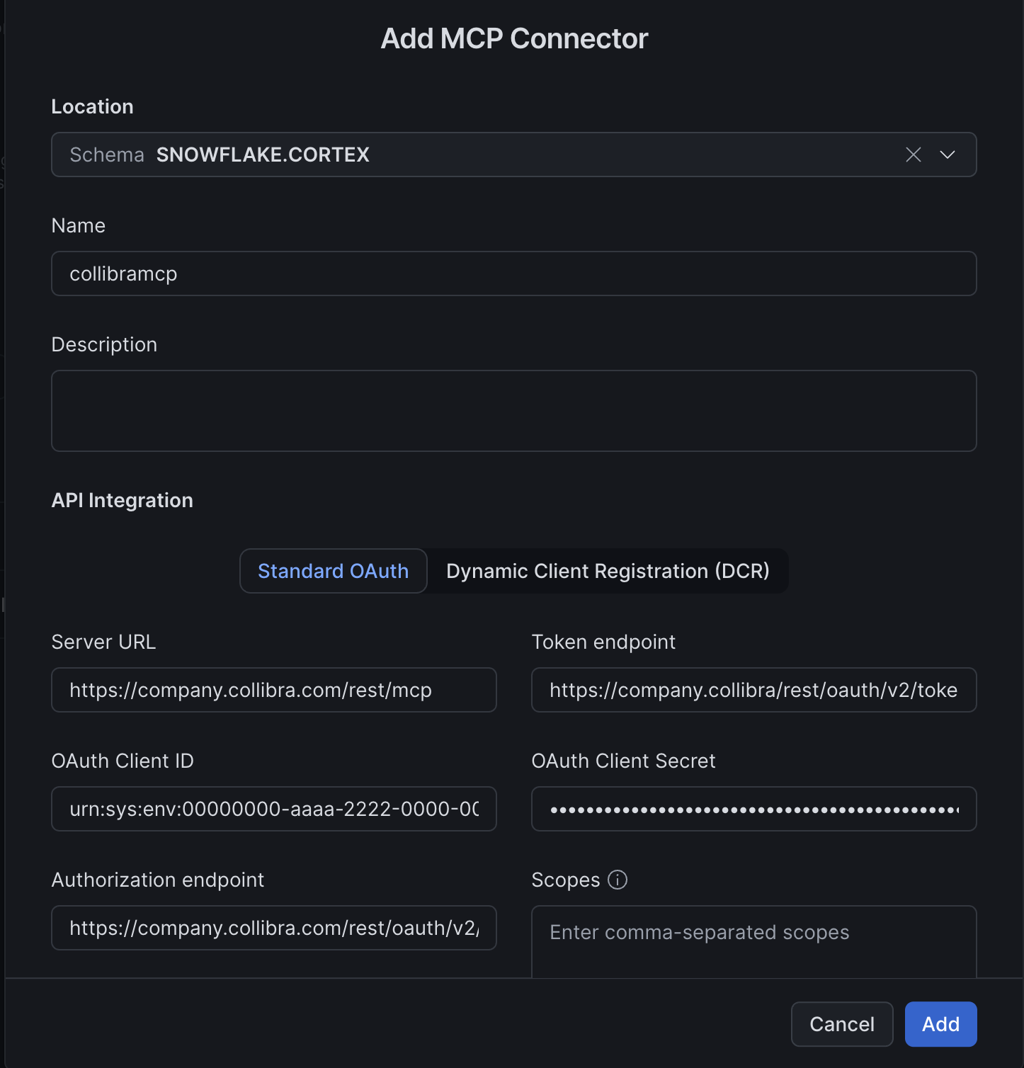 snowflake mcp connector form screenshot