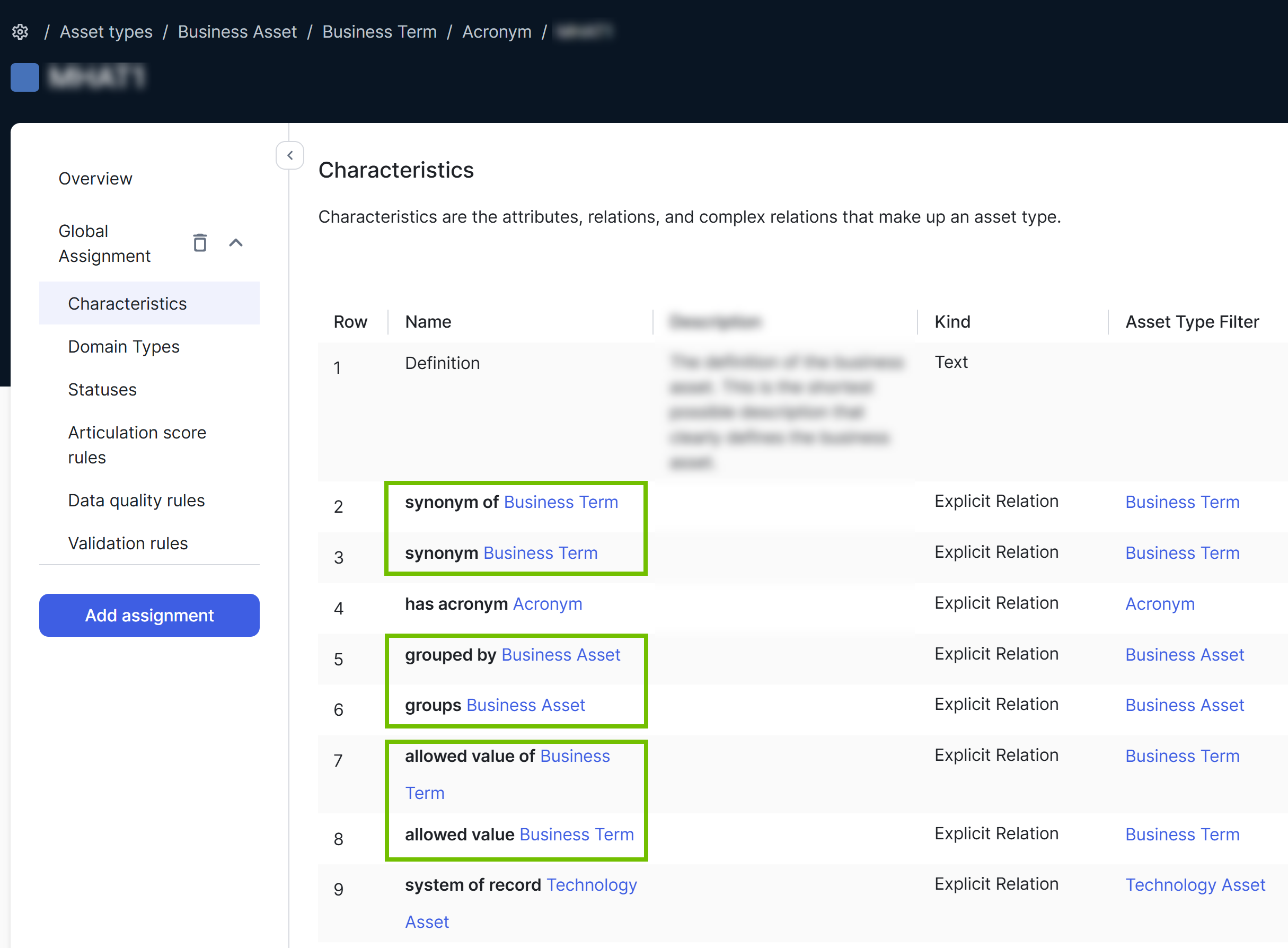 Image of the Characteristics table in a global assignment
