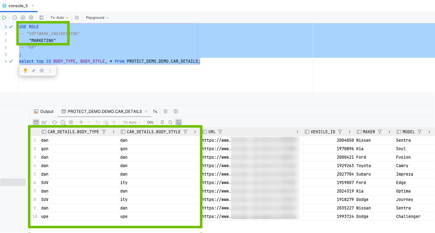 Data shown to the Marketing group in Snowflake Image of the data shown to the Marketing group in Snowflake
