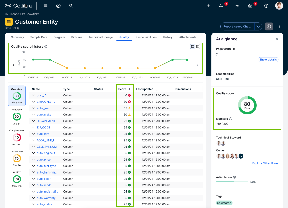 image of data quality scores highlighted on the quality tab